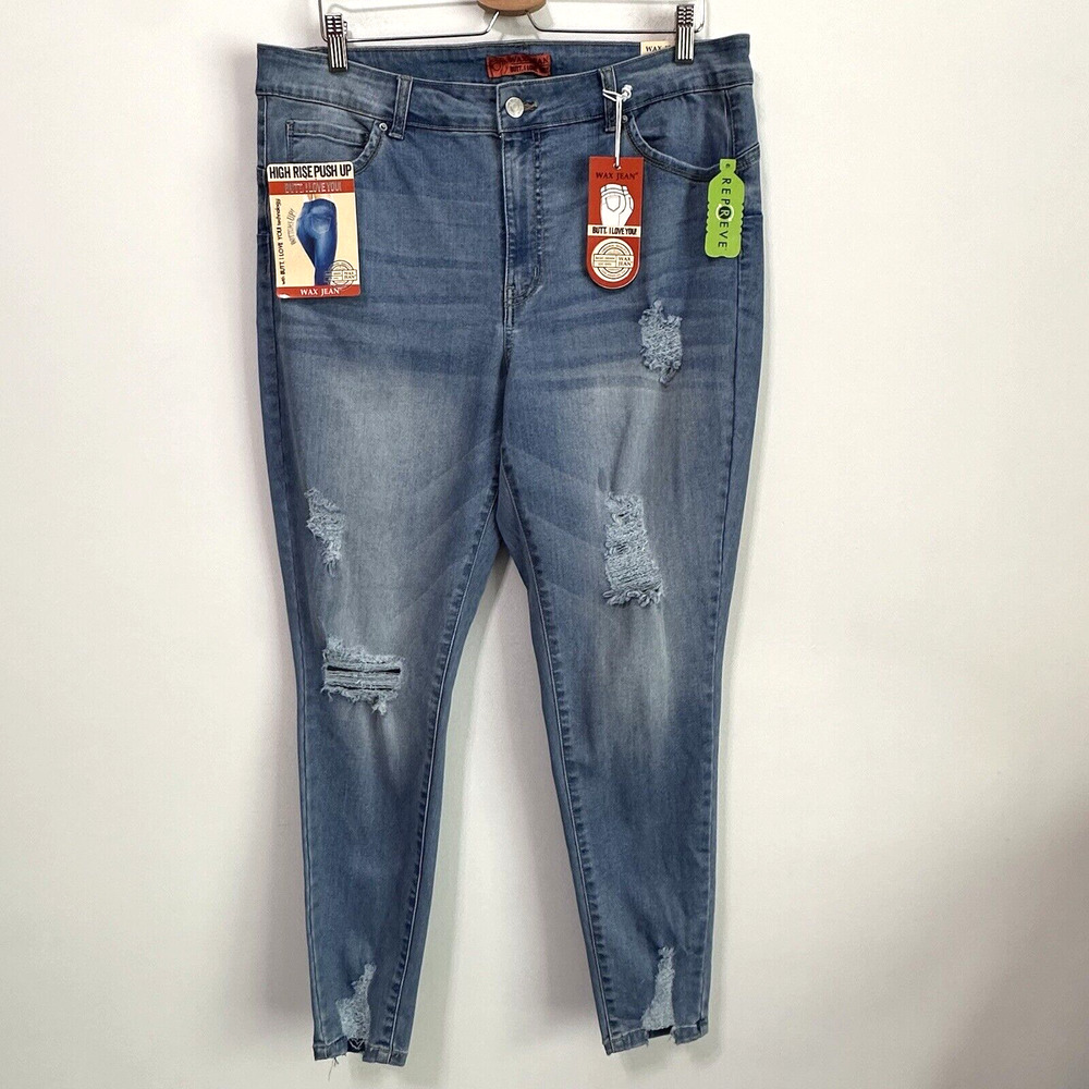 Wax Jean High Rise Push Up‎ Jeans Plus 18 Distressed Butt I Love You Stretch NEW